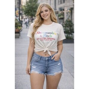 Vintage Y2K Abercrombie Fitch T Shirt Women's M Rainbow Embroidered Cropped Tie‎